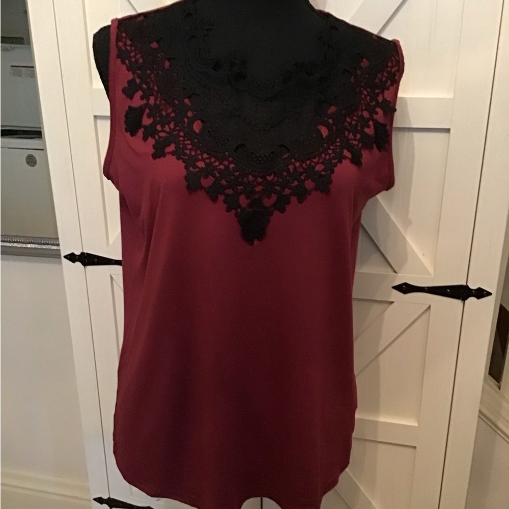 Sleeveless Burgundy Top with Black Lace Detail